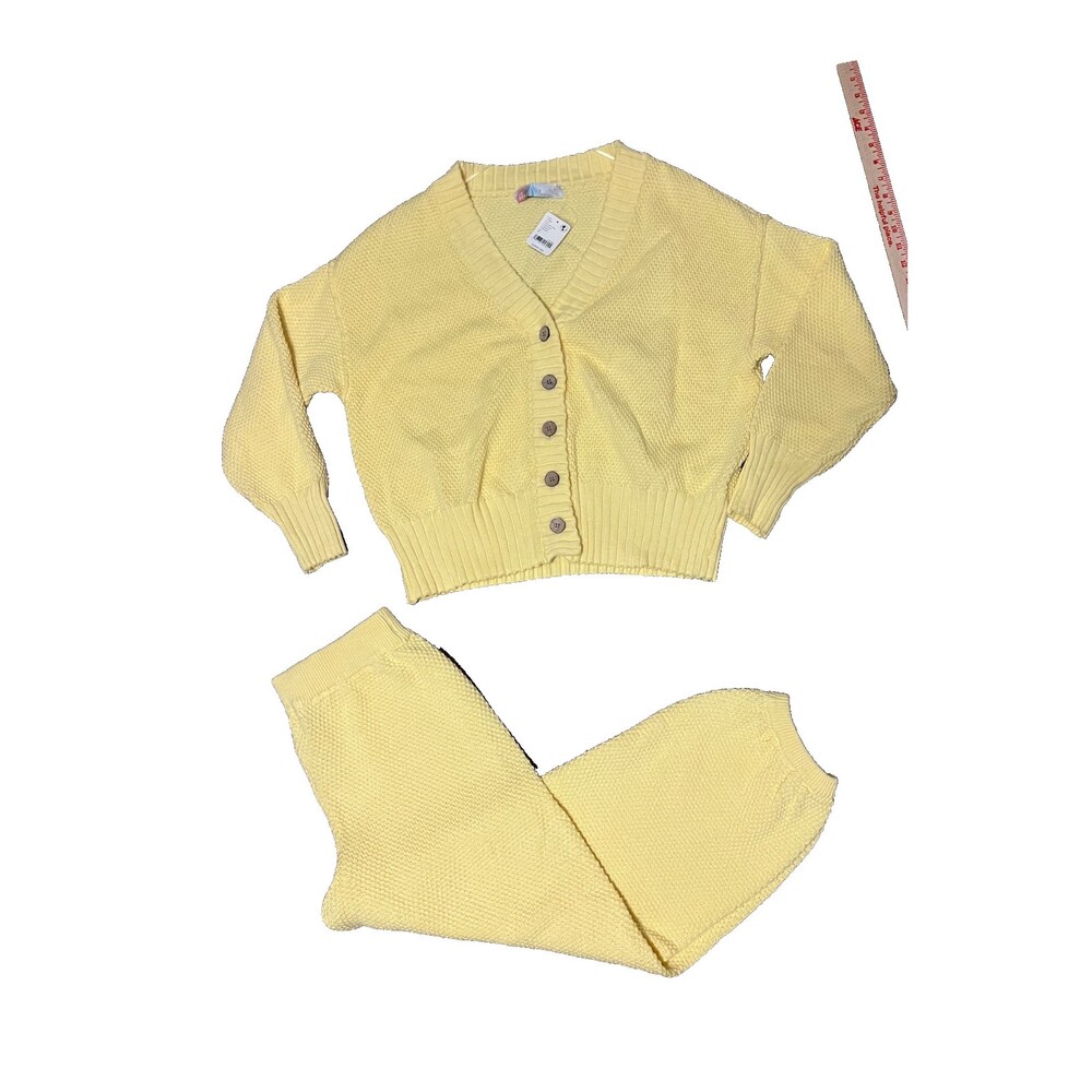 NWT FREE PEOPLE Hailee Waffle Stitch Cardigan & Pants In Yellow Tansy Sz Sm - Picture 2 of 16